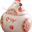 Ceramic Salt Cellar with Lid and Spoon, 13 OZ Large Chicken Salt Jar, Salt Holder for Counter, Coffee, Sugar, Spices and Candies, Salt Containers for Countertop (Red)