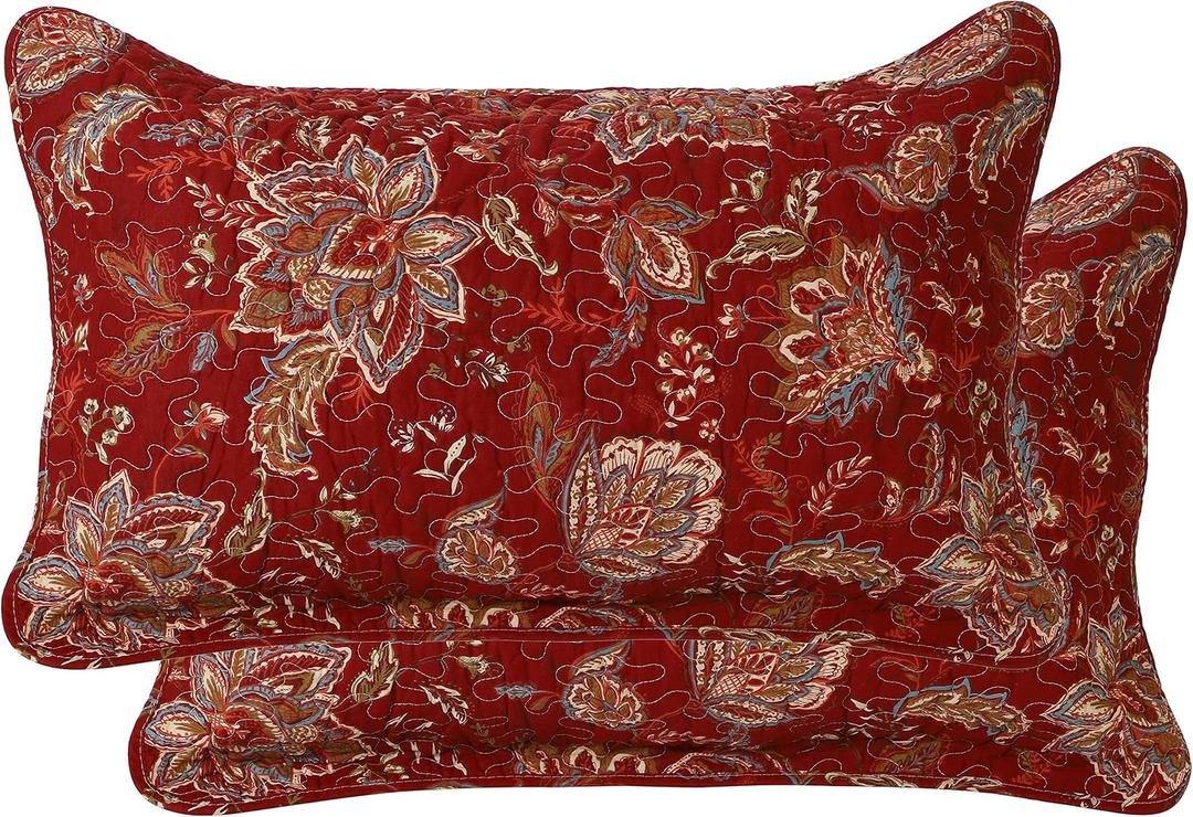 Cotton Quilted Pillow Cases Standard Size Set of 2, Queen Size Vintage Floral Decorative Soft Comfy Pillow Shams, Pillow Covers with Envelope Closure 20 x 27 inch (Red Floral)