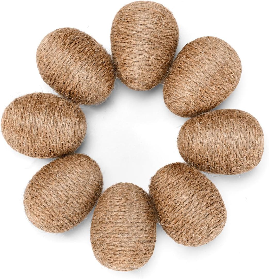 8pcs Linen Rope Easter Ornaments, Rustic Brown Decorative Eggs for Spring Easter Basket Fillers, Party Centerpieces Decorations Table Setting