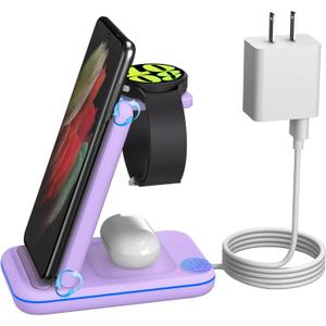 Multi Charger for Samsung, Foldable Charger ONLY for Galaxy Watch Ultra/7/6/5/4/3/Active 2, Travel 3 in 1 Fast Charging Station/Dock for Samsung S24/S23/S22/S21/S20/Note 20, for Buds 3/2 Pro(Violet)