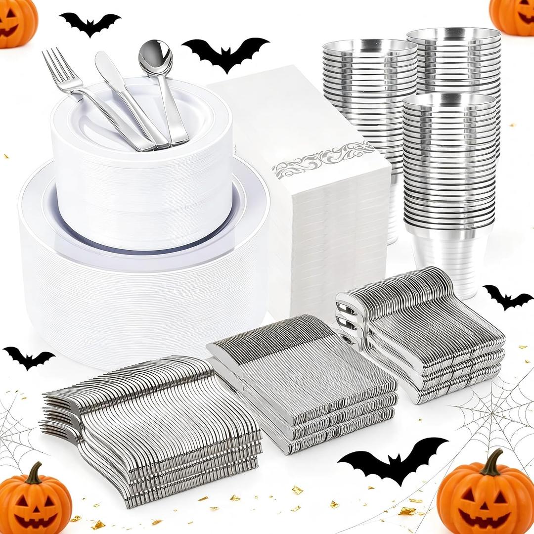 WELLIFE 700 Pieces Silver Plastic Dinnerware Set for 100 Guests - Includes Plates, Cups, Napkins, and Disposable Cutlery - Elegant White & Silver Design, Perfect for Parties and Events