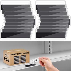 Marspark 50 Pcs Magnetic Label Holders for Shelving 1 x 2. 5 Inch Clear Vinyl Magnet Name Tag Index Card Pockets Shelf Label Holder for Offices, School, Library, Supermarket, Kitchen