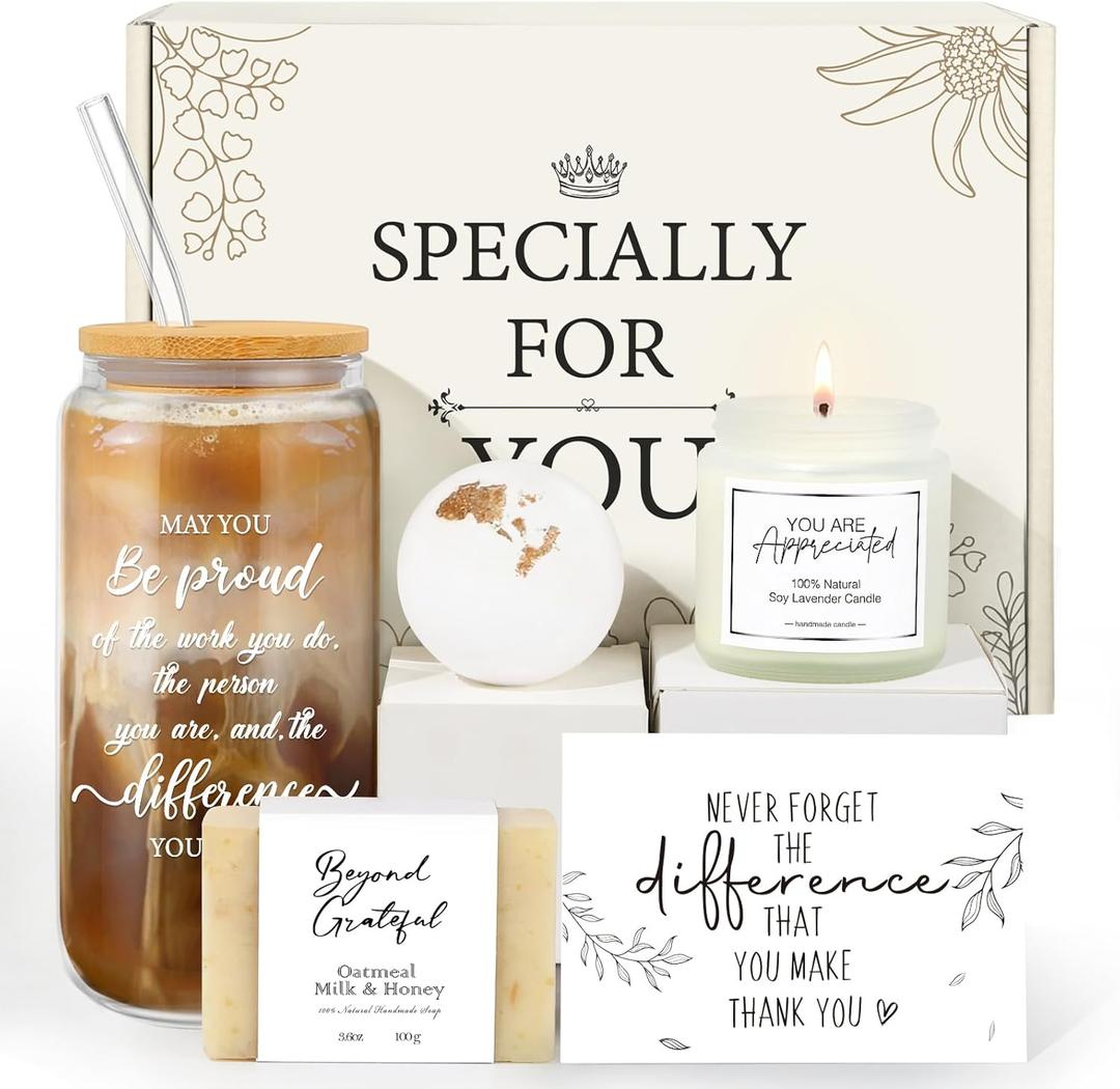 Employee Appreciation Gifts Box Thank You Appreciation Gift Set for Coworkers, Employees, Teachers Staff & Nurses, 5-Piece Gratitude Spa & 16oz Inspirational Glass Cup Gift Basket, Employee appreciation gifts