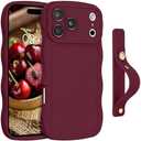 GUAGUA for iPhone 17 Pro Case with Wrist Strap, Wavy Edge Phone Case Cute Curly Shape with Adjustable Wristband Kickstand Shockproof Anti Slip Phone Case for iPhone 17 Pro 6.3'', Plum Red