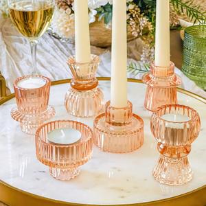 Kate Aspen Glass Taper Candle Holder Set of 6 - Rose Gold Ribbed Vintage Candlestick Votive Pillar Decorative Centerpiece for Dining Table Shelf Decor