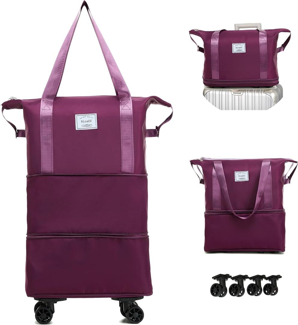 NiceUU Travel Rolling Duffel Bag with Removable Wheels,Expandable Foldable Carry-On Luggage for Trip or Hospitalization (purple)