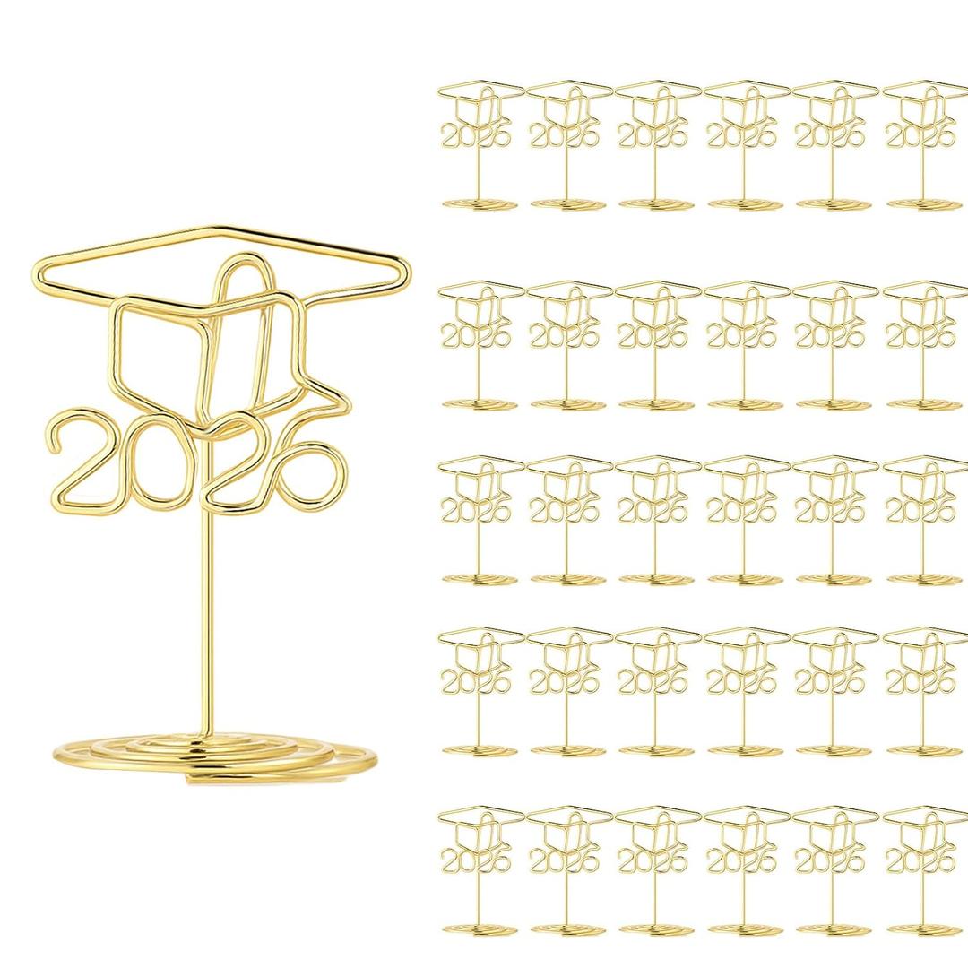 Rtteri 30 Pcs 2026 Grad Cap Graduation Picture Display 2 Inch Gold Photo Holders for Centerpieces Graduation Table Number Holders Card Stands for Class of 2026 Grad Party Supplies
