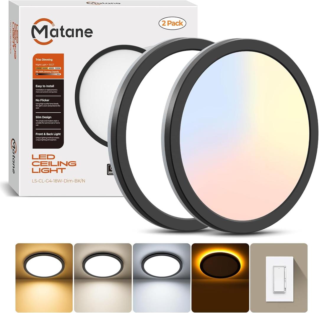 Matane 2Pack Dimmable Flush Mount Ceiling Light Fixture with Night Light, 18W 3000K 4000K 5000K, LED Low Profile Ceiling Lights for Bedroom Hallway Kitchen, 8.7inch Black Round