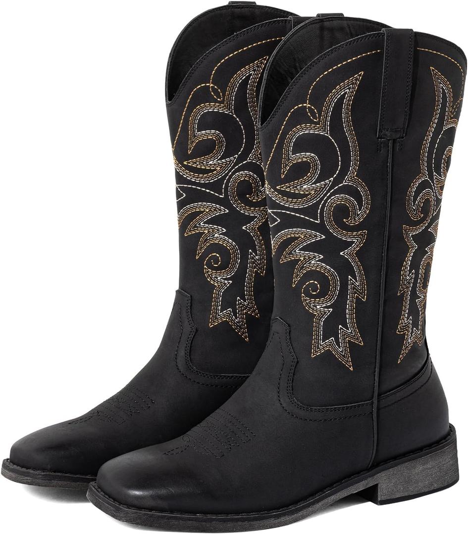 SheSole Wide Calf Cowboy Boots Women Square Toe Western Embroidered Mid Calf Cowgirl Boots, Pull On & Padded Insole Low Heel Fashion Boots for Country Concerts & Work Casual Everyday Style Size 42 (Black)
