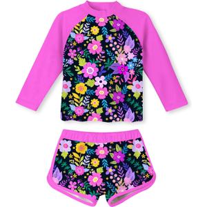 Vogseek Girls Rash Guard Two Pieces Swimsuit Long Sleeve Bathing Suit (5-6 Years, Q-pink 4)