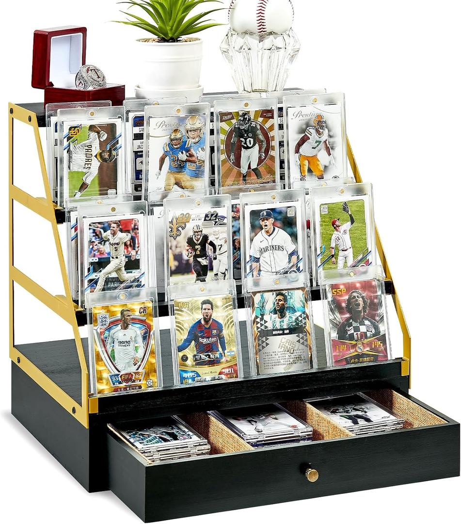 Poyilooo Trading Card Display, 3-Tier Baseball Card Storage with Drawer, Wood Graded Card Display, Sports Card Display Case for Card Game Collection-Trading Card Holder Christmas Gifts (Blackgold)