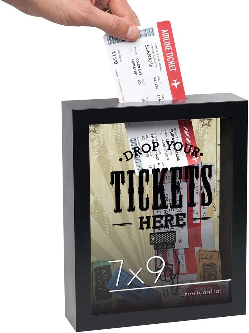 Americanflat 7x9 'Drop Your Tickets Here' Decorative Memento Memory Ticket Shadowbox Frame with Top-Loading Slot - for Sports, Concert, Movie Stub, Travel Keepsake. Polished Glass Front - Black Americanflat 7x9 'Drop Your Tickets Here' Decorative Memento Memory Ticket Shadowbox Frame with Top-Loading Slot - for Sports, Concert, Movie Stub, Travel Keepsake. Polished Glass Front - Black