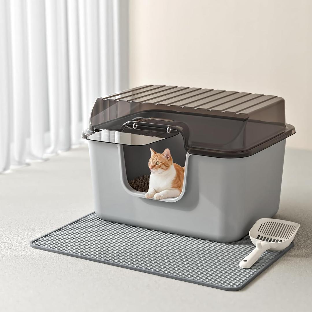 Oneluck Large Cat Litter Box with Transparent Covered,Mat and Scoop, Convenient for Observing Cats, Front Door Flap for Privacy, Gray