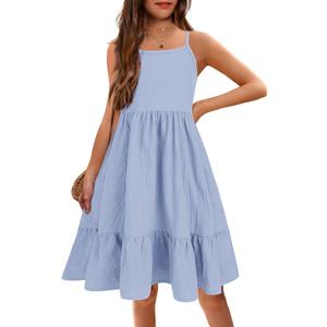 Arshiner Girl's Summer Sundress Spaghetti Strap Solid Linen Midi Dress Casual Cami Dresses (12-13 Years, Blue)