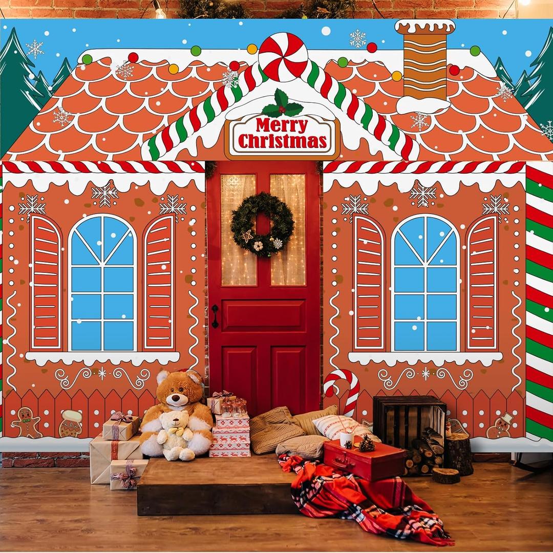 3 Pcs 157" Large Christmas Gingerbread Classroom Door Decorations Christmas Gingerbread House Party Porch Banner Front Door Cover Xmas Background for Office Decorations Photo Background
