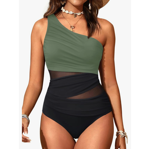 Aqua Eve Women Mesh One Piece Swimsuit - Tummy Control One Shoulder Bathing Suit Cut Out Swimwear 2025 Black, Medium