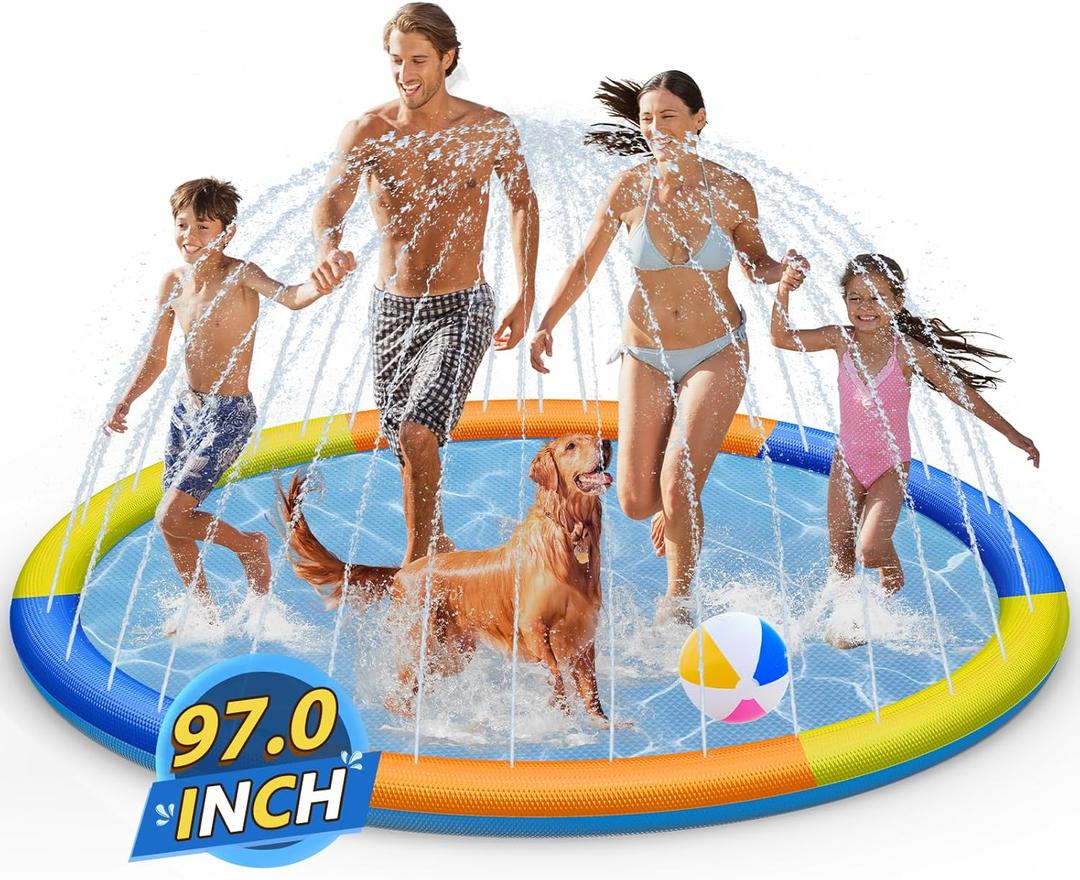 Splash Pad Sprinkler for Kids, Extra Large Non-Slip Baby Play Mat, Dog Pool Toys, Toddler Outdoor Toys for Ages 3-12 Boys Girls, Summer Outdoor (Yellow-Orange-Light Blue-Dark Blue, 97 inch)
