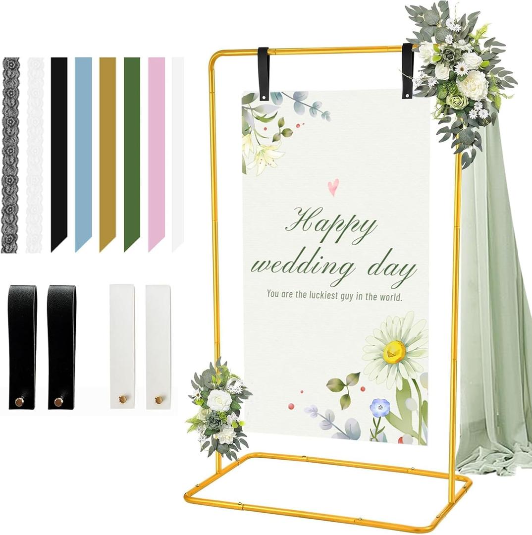 Welcome Sign Stand, Personalized Wedding Welcome Sign Holder Stand with Leather Sign Hanging Straps, Metal Welcome to Our Wedding Sign Holder, Gold Easel Stand for Baby Shower Graduation Bridal Shower