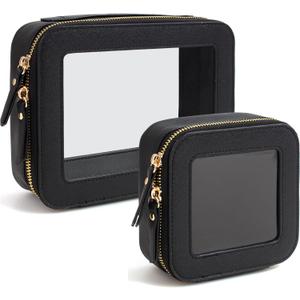 Travel Clear Makeup Bag Set, TSA Approved Cosmetic Bag Case with Zipper Portable Makeup Pouch Toiletry Bag Women Traveling Cosmetic Organizer Storage Bag Car Organizer Car Essentials for Women (Mini+Large Black)