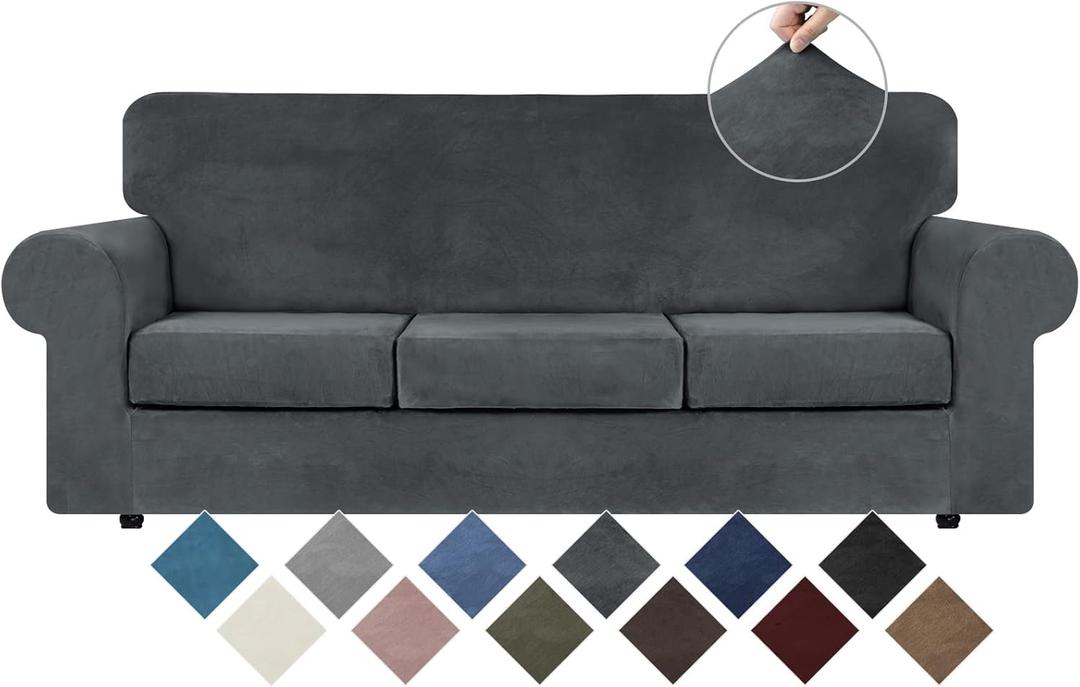 WEERRW 4 Pieces Velvet High Stretch Couch Covers for 3 Cushion Sofa Slipcovers, Washable Furniture Protector with Non Slip Elastic Bottom, Feature Soft and Thick Plush Fabric, Dark Grey, Large