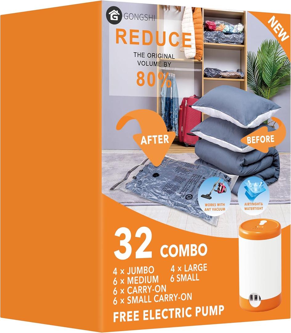 GONGSHI Vacuum Seal Bags for Clothing Travel & Home Storage, Travel Vacuum Bags with Electric Pump,Space Saver for Blankets, Comforters, Pillows, Clothes,32 Combo