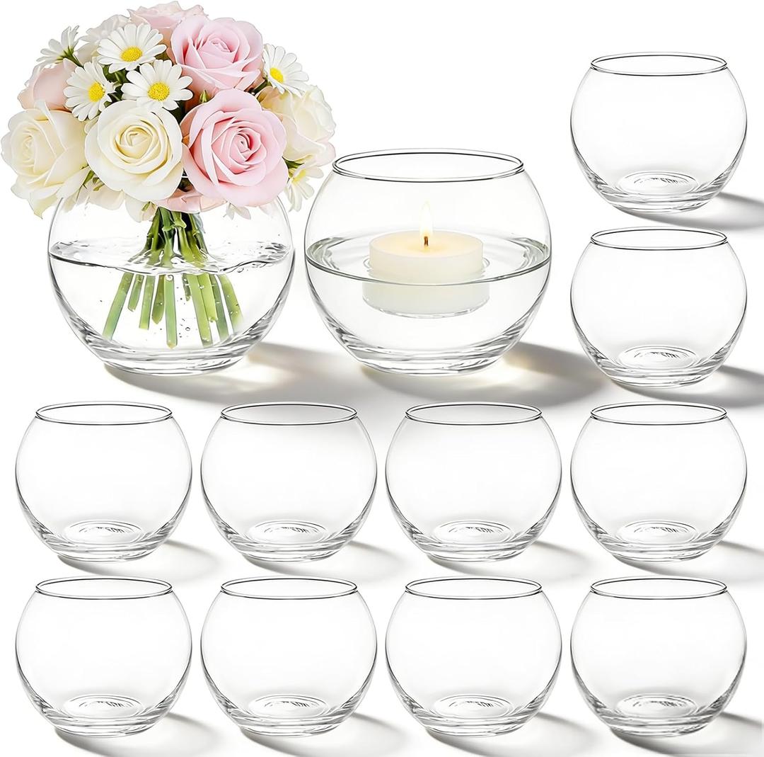 PINIWON Set of 12 Clear Glass Tealight Candle Holder, 3'' H x 3.9'' W, Small Bubble Vases, Round Bowl Votive Candle Holders Bulk for Wedding Table Centerpiece Home Decor (Large)