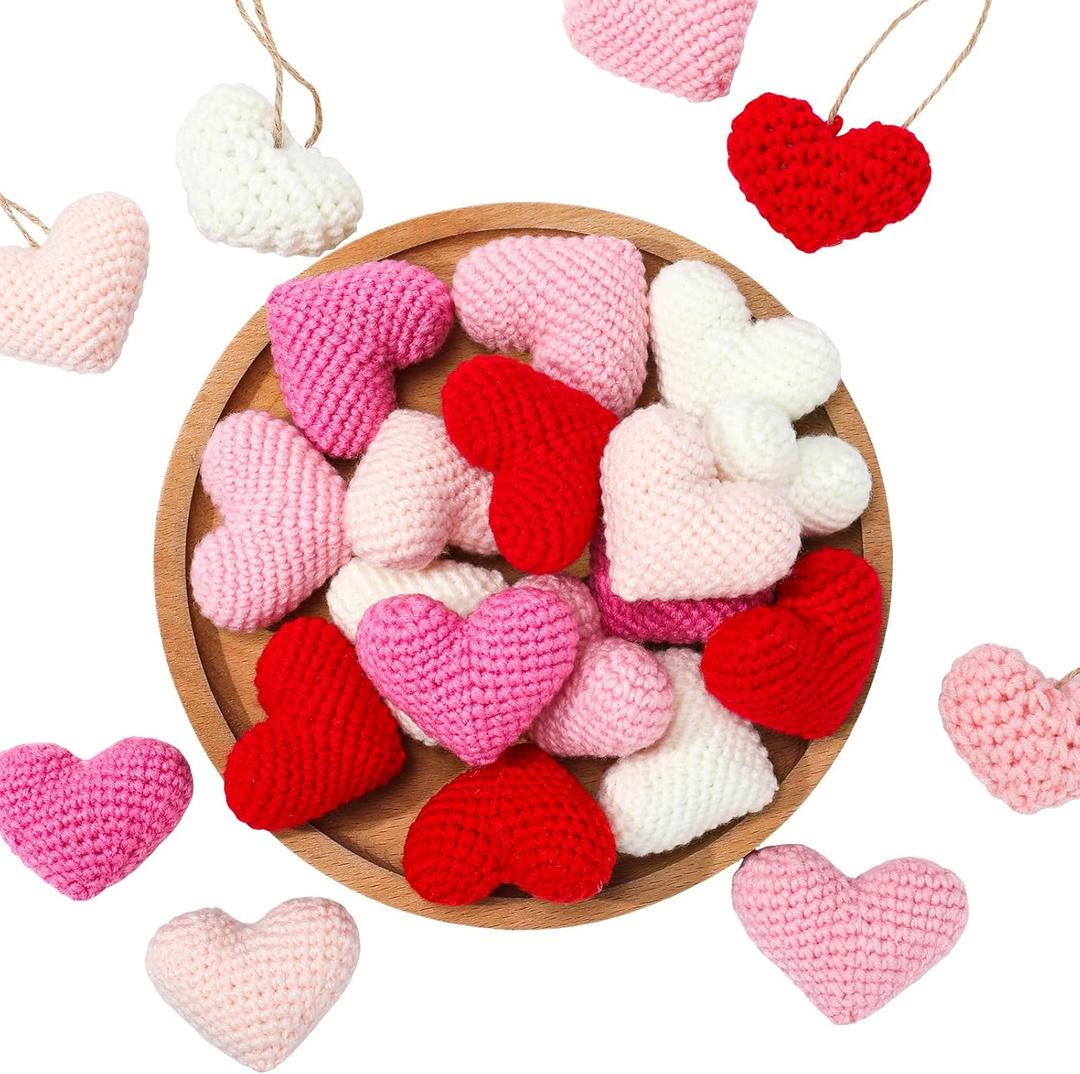25Pcs Crochet Heart Shaped Ornaments Red Pink White Valentine Ornaments for Small Tree Valentines Day Gift DIY Knitting Heart Ornament Home Party Decoration
