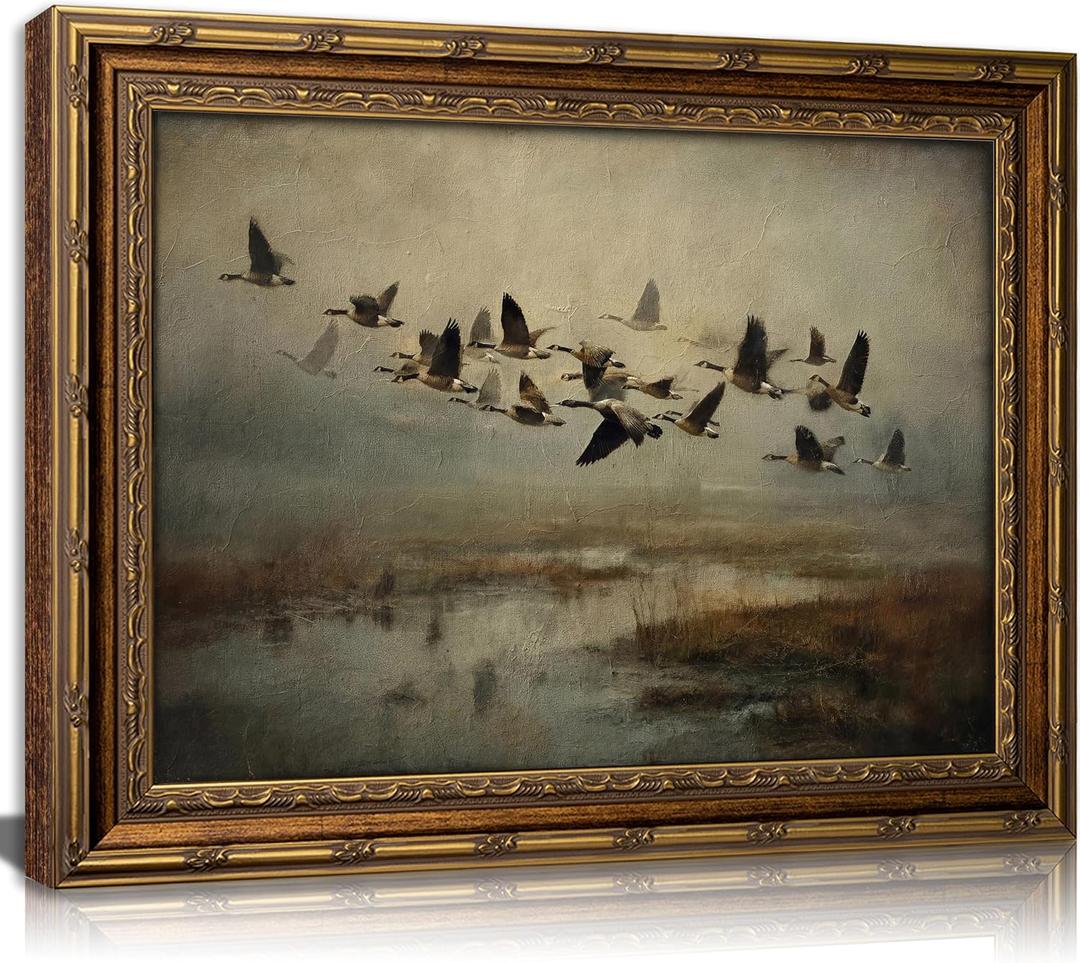 Vintage Gold Framed Wall Art, Flying Wild Ducks Over Marsh Oil Painting Print, Rustic Nature Landscape Decor for Living Room, Bedroom, Cabin, Ready to Hang, 24"L x 16"W