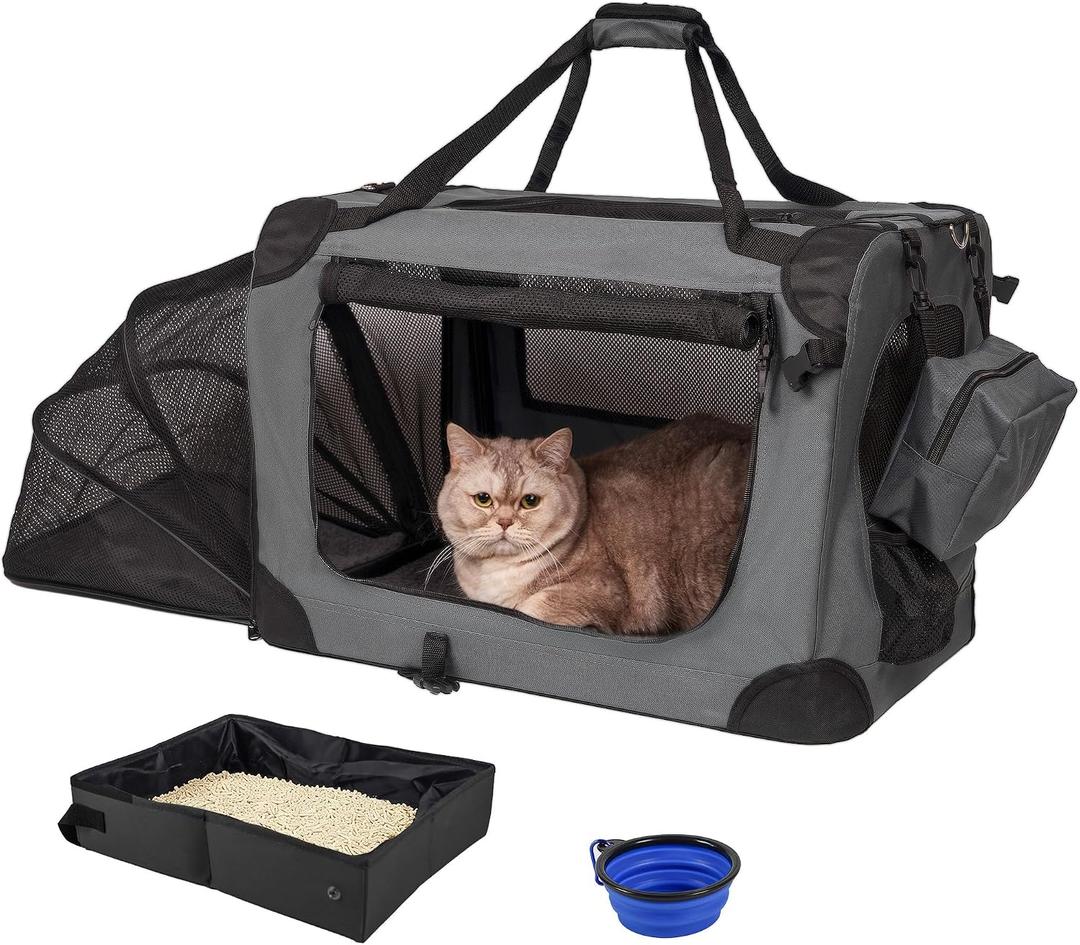 Prutapet Expandable Large Cat Carrier for 2 Cats Big Cat 20lbs+ Soft Sided Portable Crate 24"x16.5"x16.5" for Car Traveling Long Trips Ride with Collapsible Bowl and Litter Box