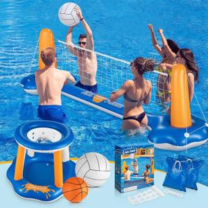 Pool Volleyball Set & Basketball Hoop - 125" Larger Pool Volleyball Net for Inground Includes 2 Balls & 2 Weight Bags, Pool Toys Game for Adults - Volleyball Court (125"x38"x30")