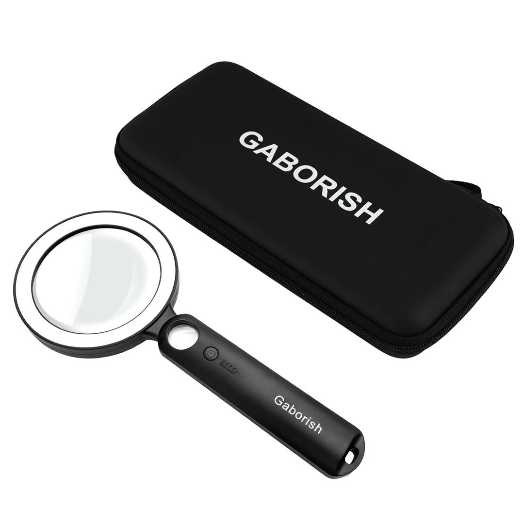 Glass Magnifying Glass with 36 LED Light and Case, 10X 30X Handheld Real Glass Magnifier with 5 Light Modes Rechargeable Lighted Magnifying Glass for Seniors Reading, Inspection (White & Black)