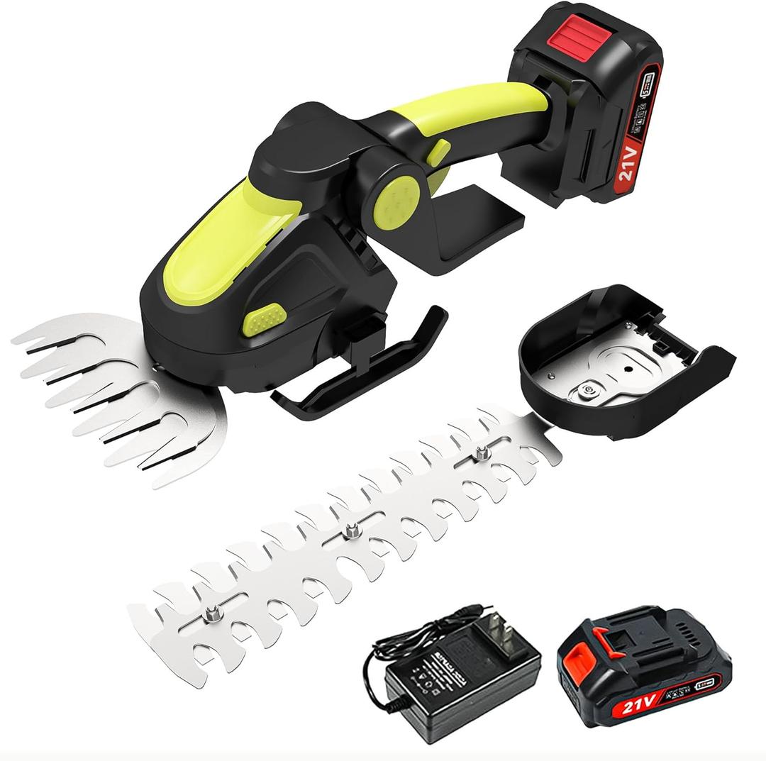 Hedge Trimmer Cordless, 2-in-1 Handheld Electric Glass Shear Cutter with 2.0Ah Rechargeable Battery, Mini Grass Shrub Trimmer for Garden, Pruning Yard and Lawn (Green)