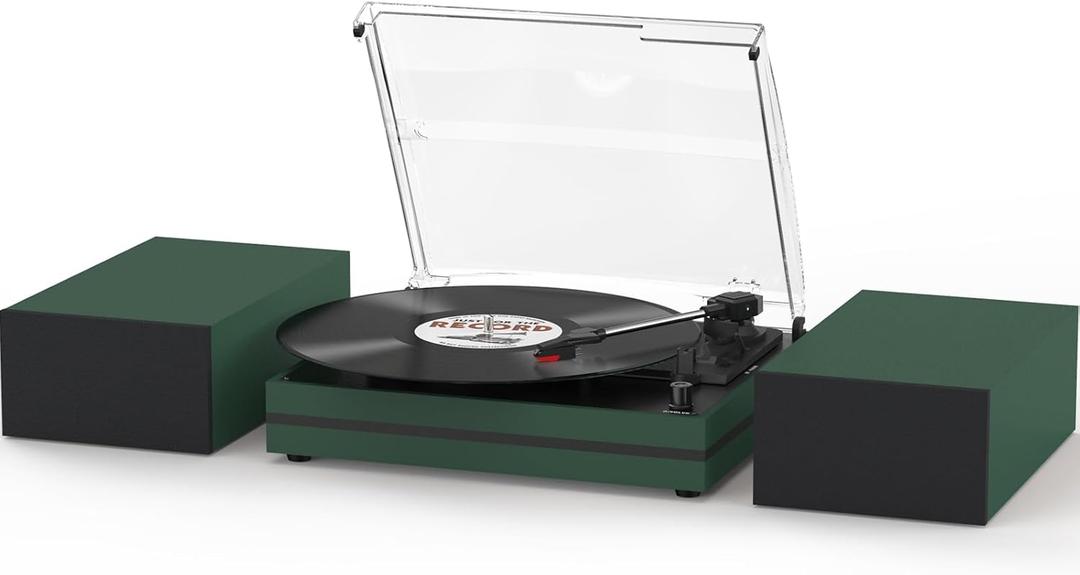 Record Player for Vinyl with External Speakers Belt-Drive Turntables for Vinyls Records Dual Stereo Speakers LP 3 Speed BT Wireless AUX-in Headphone Auto Stop New Sleek Stylish Dark Green