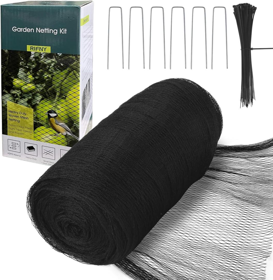 Bird Netting for Garden - 7.5 x 65 FT Heavy Duty Anti Bird Netting Mesh with Ties and Landscape Staples for Vegetable, Fruit Trees & Other Plants, Lasting Against Birds Deer Squirrels and Poultry (Black)