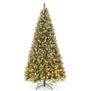 9 FT Artificial Christmas Tree Hinged with 650 Warm LED Lights & 309 Red Berries