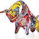 QIANLING Resin Graffiti Bull Statue, Minimalistic Full-Color Bull Figurine Decor, Originality Abstract Bull Sculpture Home Decor, Suitable for Interior Decor, Bookshelf, Table top, Centerpiece