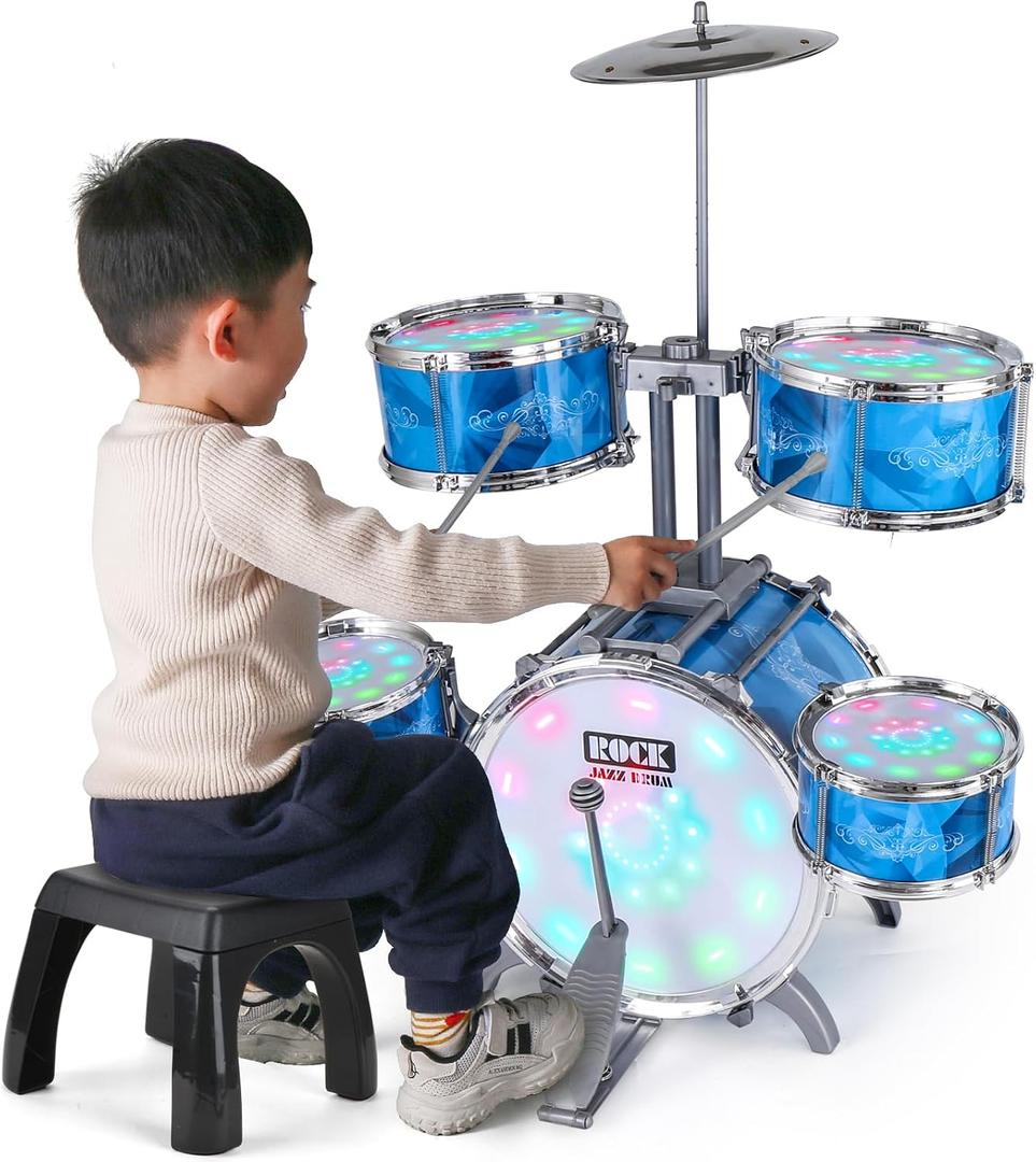 Kids Drum Set for Toddlers with 5 Jazz Drum Kit & Lights (Vibrating-Controlled) & Alloy, Musical Instruments Toys, Boys Gifts for Aged 1-3 3-5