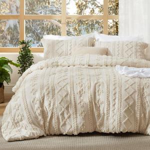 Bedsure Tufted Boho Comforter Set Full Size - Beige Boho Bed Set, GentleSoft 3 Pieces Farmhouse Shabby Chic Embroidery Bedding, Gifts for Woman, Soft Jacquard Full Comforter for All Seasons (01 - Beige - Elegant)