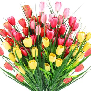 Yungyan 20 Bundles Artificial Flowers Multicolor Fake Tulips No Fade Faux Tulips Plastic Flower Arrangement for Easter Spring Decor Wedding Garden Table Centerpiece(Rose Red, Orange, Pink, Yellow)