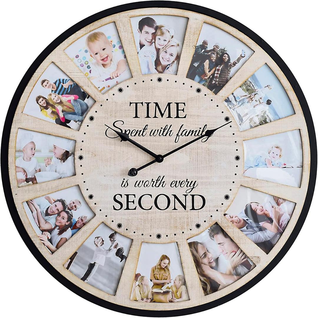 12 Photo Collage Rustic Wood Farmhouse Wall Clock, Large Family Picture Wall Clock for Living Room, Home, Kitchen, Silent Battery Powered 24 Inch Natural