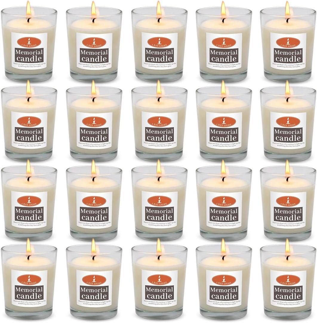 20 Pack Glass Yahrzeit Memorial Candles, Good for Yizkor and Yom Kippur Holidays, Ner Neshama in Glass Tumbler, 2"W x 2.4"H