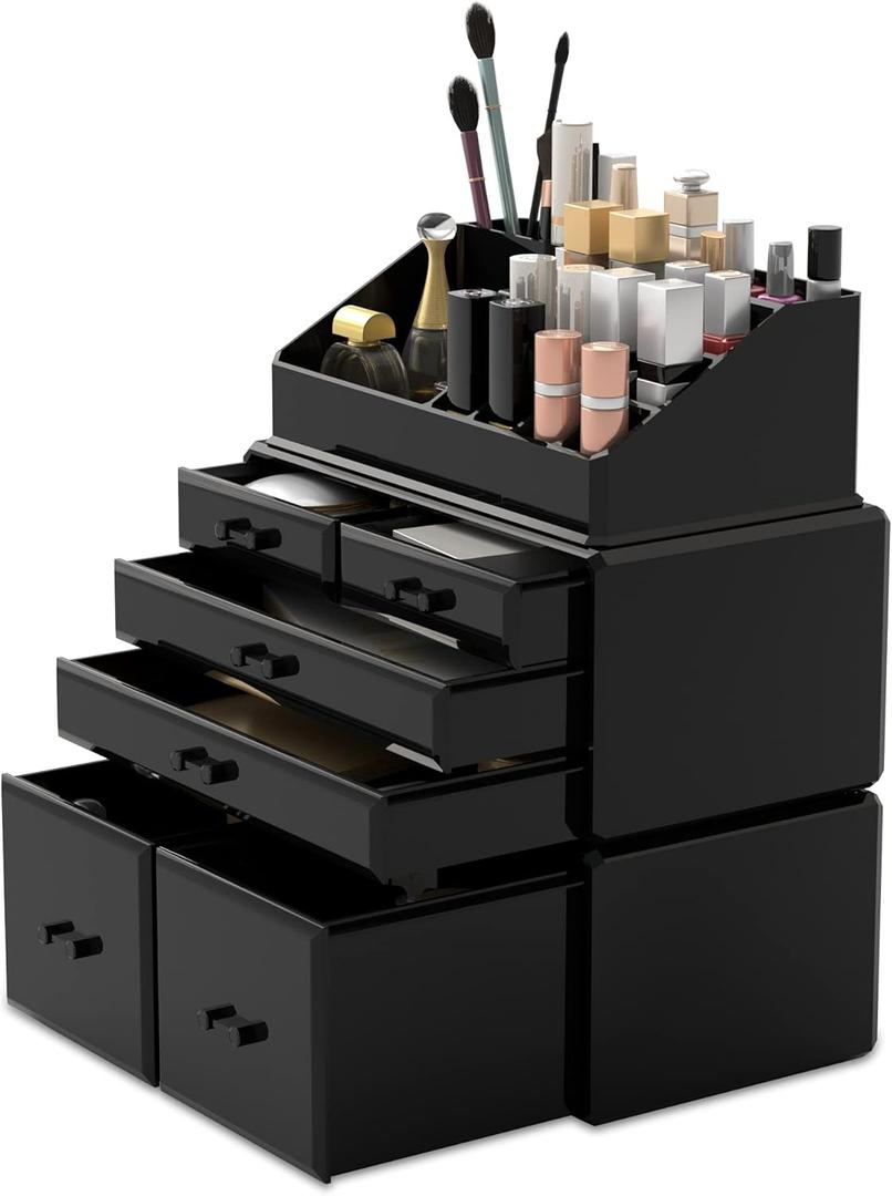 READAEER Makeup Organizer 3 Pieces Cosmetic Storage Case with 6 Drawers (Black) (3 Layer)