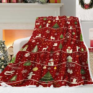 Red Christmas Blanket, Winter Snowflake Deer Christmas Tree Snowman Printed Flannel Blankets, Xmas Soft Warm Cozy Happy New Year Holiday Blanket for Couch Sofa Bed Home Decor, 60X80IN