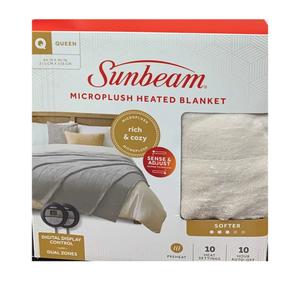 Sunbeam Microplush Queen Electric Heated Blanket with Preheat Feature Two Digital Controller 10-Heat Settings Auto Shut-Off, UL Certified for Safety, Ivory Beige