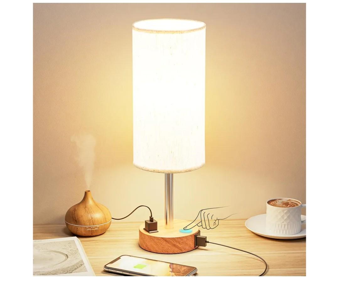 Fenmzee Bedside Table Lamp for Bedroom - 3 Way Dimmable Touch Lamp USB C Charging Ports and AC Outlet, Small Lamp Wood Base Round Flaxen Fabric Shade for Living Room, Desk, LED Bulb Included