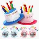 Okllen Birthday Hats Set of 2 for Adults, Plush Cake Hats with Sunglasses, Funny Party Novelty Hats for Birthday Party Favors, Blue & Pink