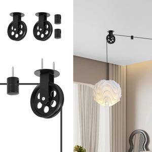 2 Pack Pulley for Pendant Light, Wall Mount Pulley for Pendant Lights, Metal Black Pulley Wheel for Plug in Pendant Light, 2.55 Inch Pulley for Hanging Industrial Vintage Pendant Lighting