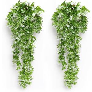 RECUTMS 2Pcs Fake Hanging Plants Artificial Hanging Flowers for Outdoor Decoration Faux White Flowers Artificial UV Resistant Plastic Greenery Vines Ivy for Outdoor Indoor Garden Party DecorWhite