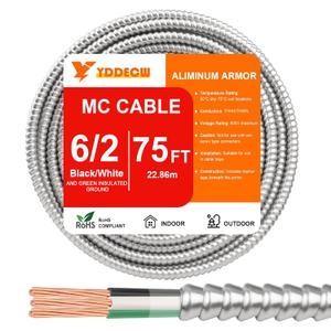 75FT 6/2 Metal Clad (MC) Cable with Ground, 6 Gauge Electric Wire with Aluminum Armor, Solid Bare Copper Conductors for Indoor Outdoor Underground Embedded Installation (6/2, 75 ft)