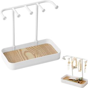 Jewelry Organizer Stand, Necklaces Holder with Wooden Tray, Necklace Display Stand Jewelry Storage Hooks for Necklace, Bracelets, Earrings, Ring, Keys, Watches (White)